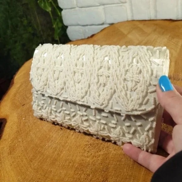 Beaded Off white Satin Clutch - Picture 2 of 13